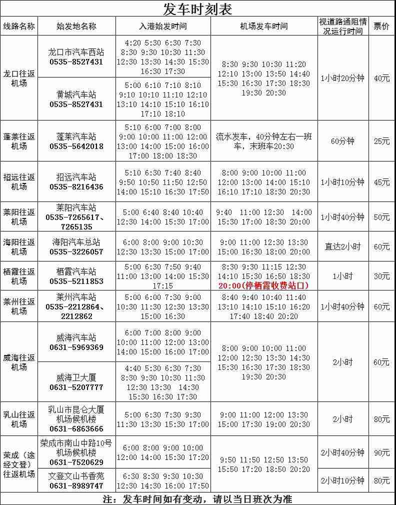 烟台机场大巴时刻表（时间+线路）