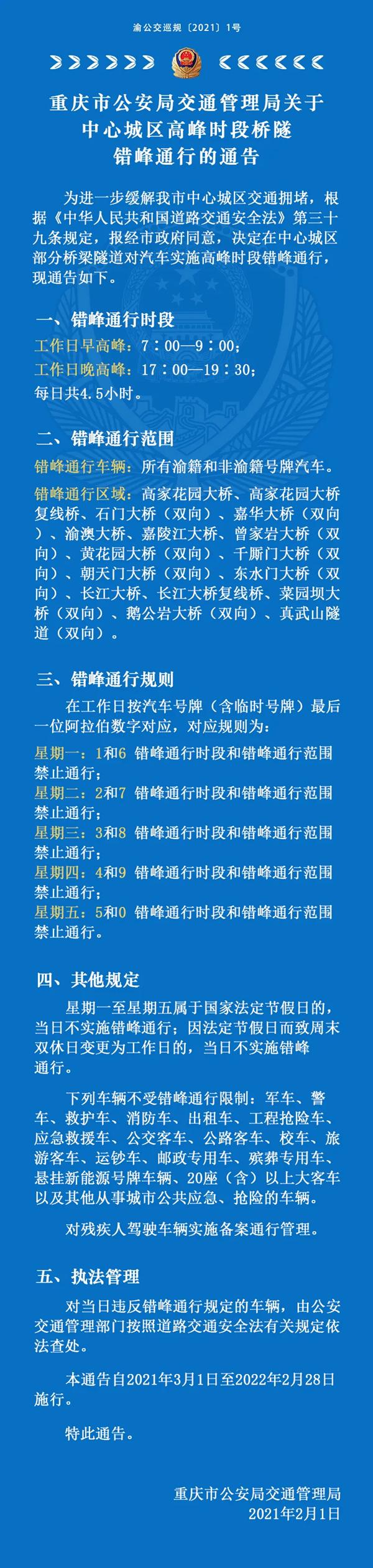 2021重庆中心城区桥隧错峰通行时间路段及限行尾号 2021重庆中心城区桥隧错峰通行时间路段及限行尾号