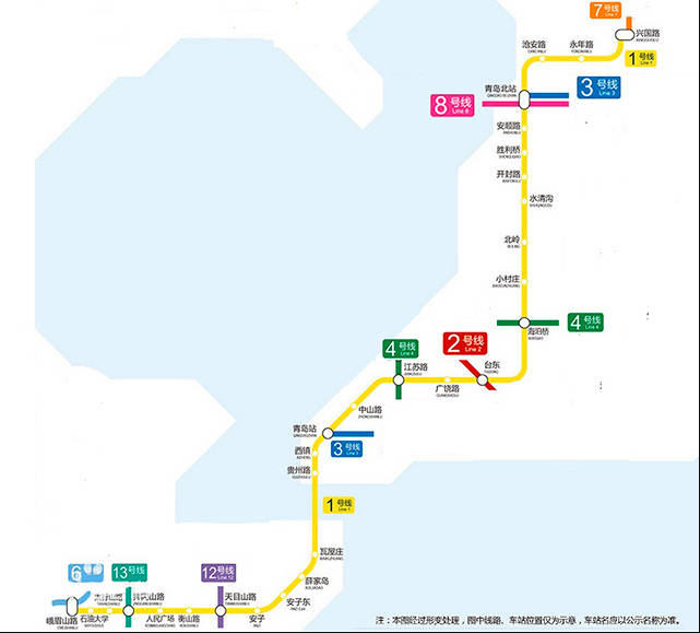 青岛地铁1号线线路图，起点青岛北站终点王家港
