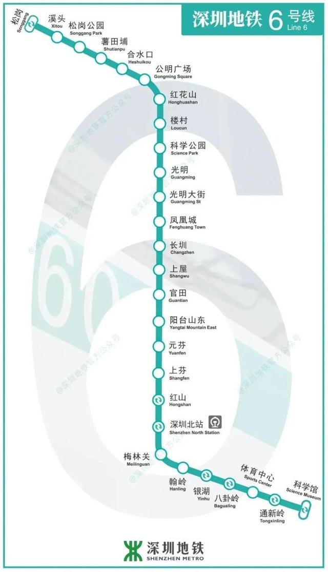 深圳6号线地铁线路图，科学馆-松岗 （最新高清图）