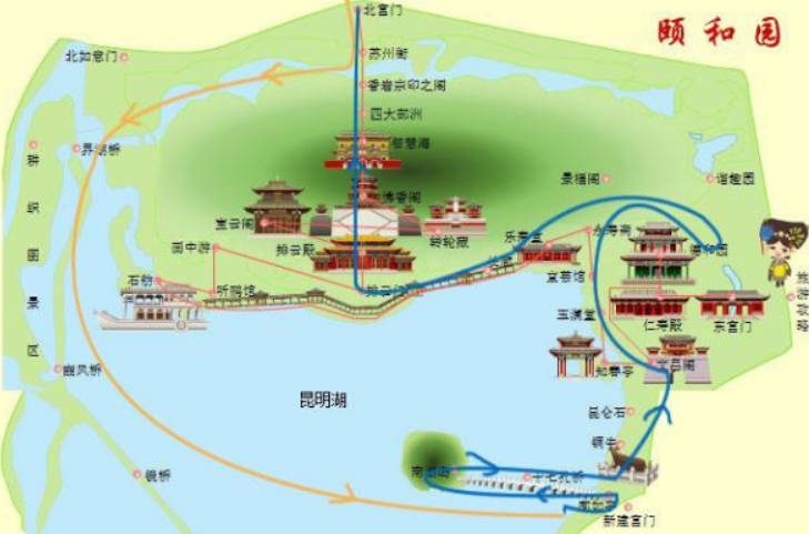 颐和园游玩最佳路线图，时间大约2-3小时(附平面地图)