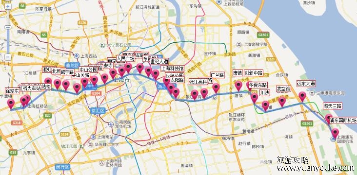 上海地铁2号线线路图，30个站台贯穿上海6个区(运营时间)
