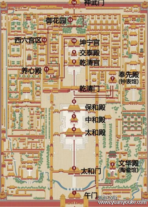 故宫路线图，5条详细游玩线路(门票价格以及开放时间)