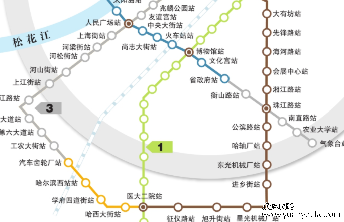 哈尔滨地铁线路图，3条地铁路线运营时间以及站点